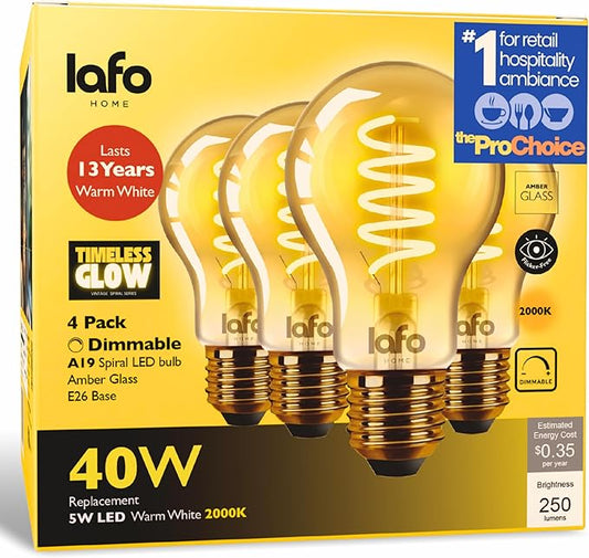 TimelessGlow 4 Pack Dimmable A19 LED Filament Bulb 5W 40W Equivalent Warm Amber 2000K E26 Base CRI80 Amber Glass Spiral Filament ETL FCC Certified Flicker Free Decorative Lighting