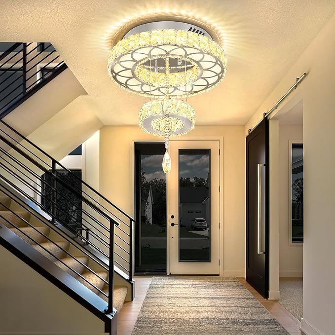 Flashing God Dia 12" Crystal Mini Chandelier Crystal Silver Ceiling Light Fixtures LED Flush Mount Ceiling Light for Living Room Bedrooms Dining Room Dimmable 2700k 4500k 6000k