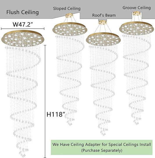 HAIXIANG W47 x H118 High Ceiling Chandelier with LED Bulbs Dimmable Long Light Glam Chandeliers Crystal Pendants Light Fixtures for Foyer Entryway Living Room Stair Gold