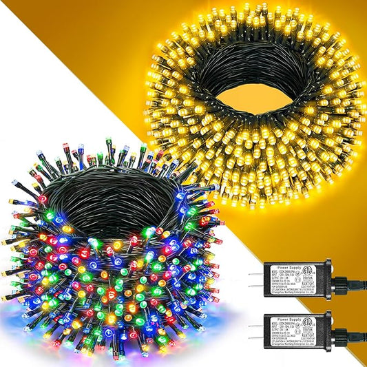 2 Pack Christmas Lights Outdoor, Total 200FT 600LED String Lights for Outside Waterproof, 8 Modes Plug in Connectable Fairy Lights for Indoor Patio Party Decor, 1 Pack Warm White & 1 Pack Multicolor