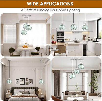 Pendant Lights Kitchen Island,3 Pack Farmhouse Pendant Lights,Green Striped Swirl Globe Glass Pendant Light Fixtures,Mini Island Lights For Kitchen,Modern Hanging Light Fixture With Adjustable Height