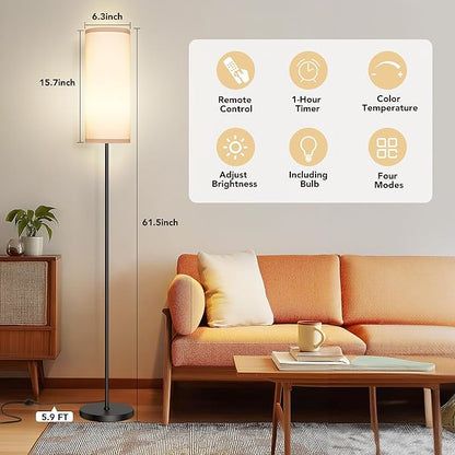 PARTPHONER Modern Floor Lamp with Remote Control - Stepless Dimmable LED Bulb, Adjustable Color Temperature & Brightness, Minimalist Tall Lamp for Living Room, Bedroom, Office, White