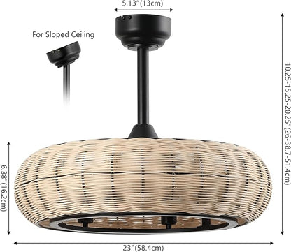 JONATHAN Y 23" Light Brown/Black 6-Light Modern Bohemian Ceiling Fan with Lights, 6-Speed Remote and App Control, Height Adjustable LED Lantern with Dark Brown Rattan Shade for Living Room (JYL9728B)