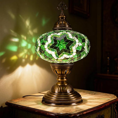 Turkish Lamp, Mosaic Table Lamp, Antique Moroccan Decorative Glass Bohemian Vintage Lamp Shade, Small Desk Tiffany Bedside Stained Glass Lamp with US Plug and E12 Socket