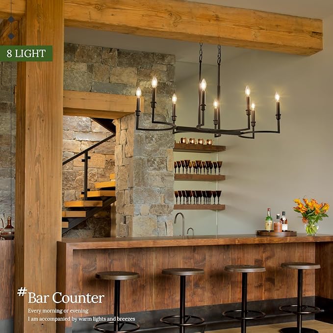 8-Light Black Chandelier Rectangular Dining Room Chandelier Over Table Metal Candle Chandelier Light Fixture Retro Black Island Lighting 37in