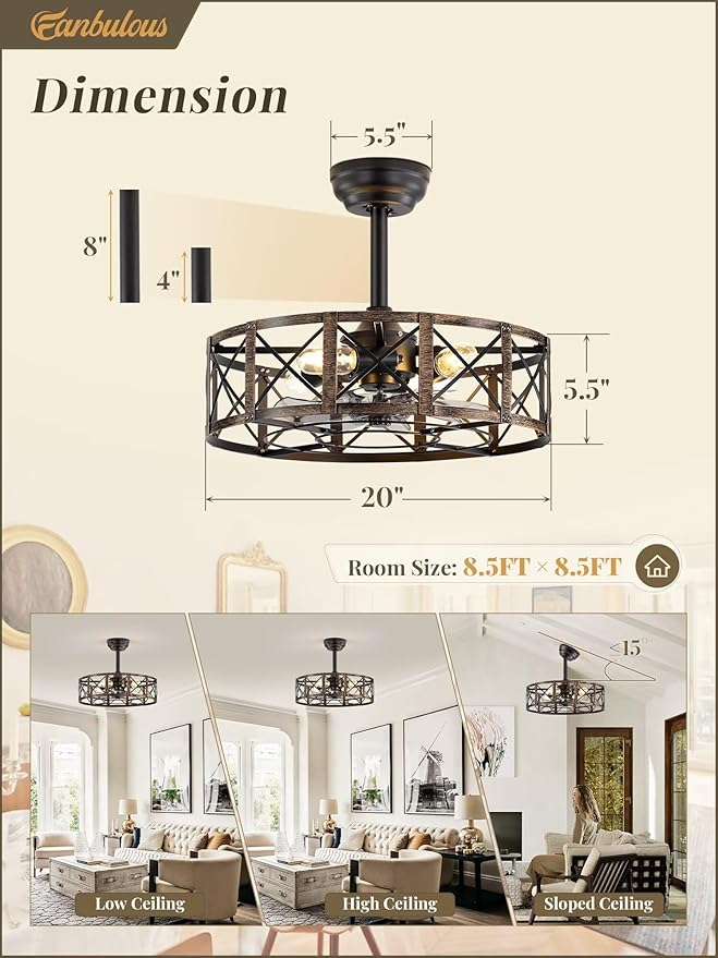 Fanbulous 20 Inch Fandelier Caged Ceiling Fans with Lights and Remote, Black Farmhouse Ceiling Fan, Bladeless Samll Fan Lights Ceiling Fixtures for Kitchen, Bedroom-Black and Gold