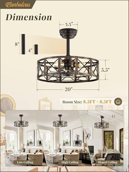 Fanbulous 20 Inch Fandelier Caged Ceiling Fans with Lights and Remote, Black Farmhouse Ceiling Fan, Bladeless Samll Fan Lights Ceiling Fixtures for Kitchen, Bedroom-Black and Gold