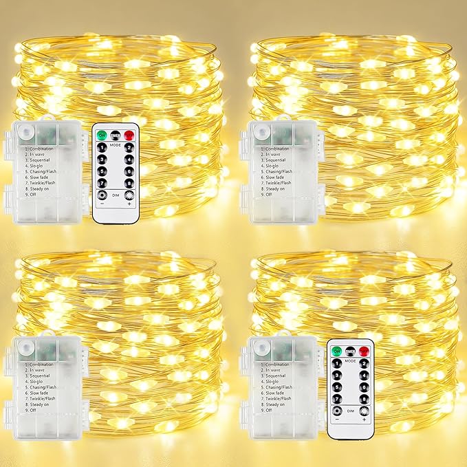 4 Pack Fairy Lights Battery Operated with Remote, 120LED 40FT Twinkle Lights Waterproof Outdoor Indoor Decor, 8 Modes Battery String Light Timer for Christmas Party Wedding Home DIY Décor(Warm White)