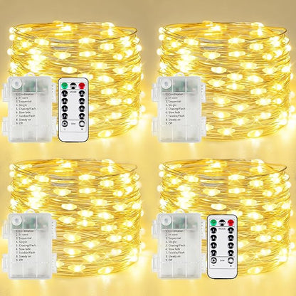 4 Pack Fairy Lights Battery Operated with Remote, 120LED 40FT Twinkle Lights Waterproof Outdoor Indoor Decor, 8 Modes Battery String Light Timer for Christmas Party Wedding Home DIY Décor(Warm White)