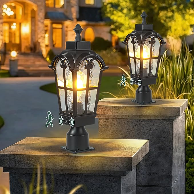 Motion Sensor Outdoor Post Lights Waterproof Dawn to Dusk Sensor Post Light Fixture Outdoor Anti-Rust Waterproof Exterior Lamp Post Lighting for Yard Pathway Driveway Fence -2 Pack