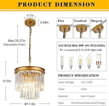 3-Pack Crystal Pendant Lights 11.8" Modern Crystal Chandelier 3-Light 2-Tier Luxury Gold Round Hanging Lighting Fixture for Dinning Room Bedroom Living Room Foyer Kitchen Island