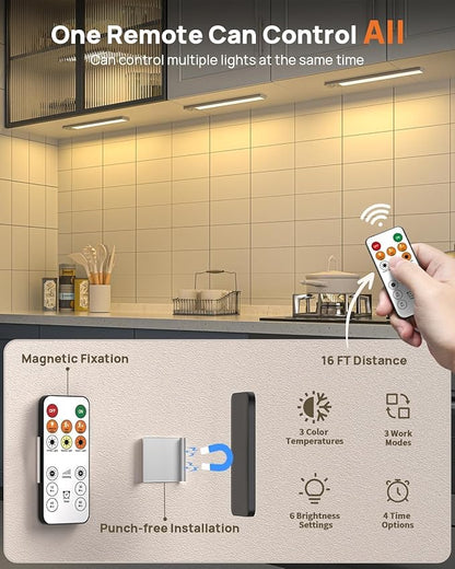 16inch Under Cabinet Lighting Wireless, Rechargeable Motion Sensor Light Indoor, Closet Lights with Remote, 3 Color Temps & Dimmable, Magnetic Under Counter Lights for Kitchen, Stairs, Pantry, 3 Pack