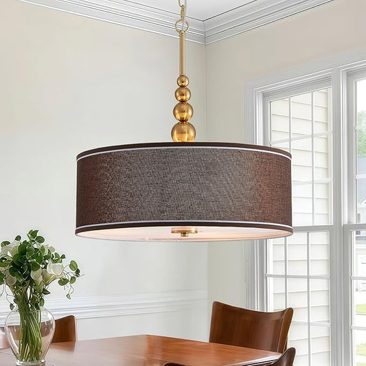 Shrine Lighting Drum Chandeliers, Farmhouse Style, Perfect Drum Pendant Light for Dining Room, D20'' x H7'', Adjustable Chains 59'', E26*3 Sockets, Brown Linen Fabric Lampshade & Gold Rod