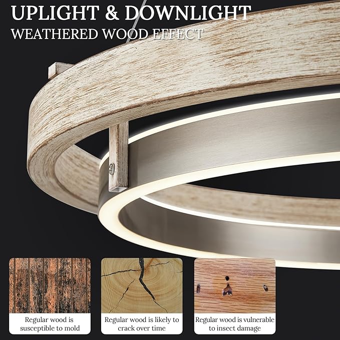LED 2 Ring Chandelier Dimmable Up Down Light Nickel Chandelier Round Foyer Chandeliers Light Weathered Wood Circular Chandeliers for Dining Room Entry Bedroom Office Living Room