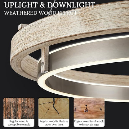 LED 2 Ring Chandelier Dimmable Up Down Light Nickel Chandelier Round Foyer Chandeliers Light Weathered Wood Circular Chandeliers for Dining Room Entry Bedroom Office Living Room