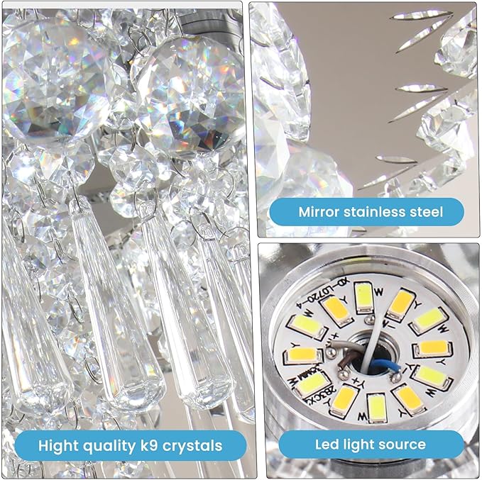 FRIXCHUR 17.7" LED Crystal Chandelier Modern Crystal Ceiling Light Fixture Large Flush Mount Chandeliers Ceiling Lighting for Living Room Bedroom Kitchen (6500K Cool White)