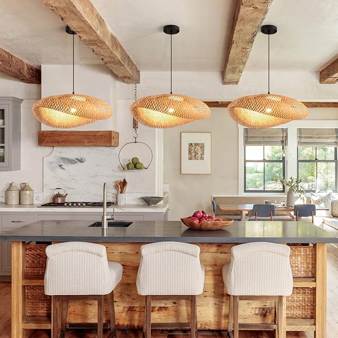 23.64in Bamboo Chandelier Boho Rattan Pendant Lighting Large Wicker Light Fixtures Bohemian Hand-Woven Hanging Ceiling Lights for Kitchen Island Dining Living Room Restaurants Bedroom Cafe