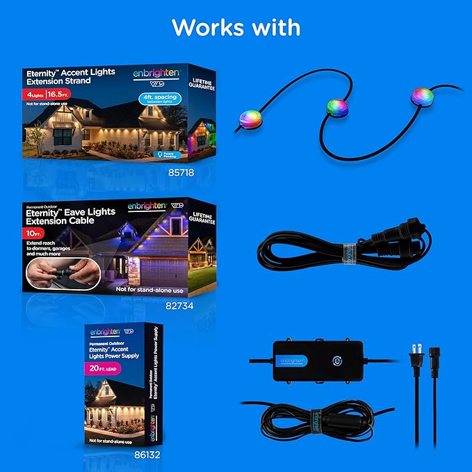 Enbrighten Eternity Accent Permanent Outdoor Lights, 100ft with 24 RGBWIC LED Lights, App‑Controlled, Cuttable, Christmas, Accent & Year‑Round Eave Lighting, Works with Alexa & Google Home, 85714
