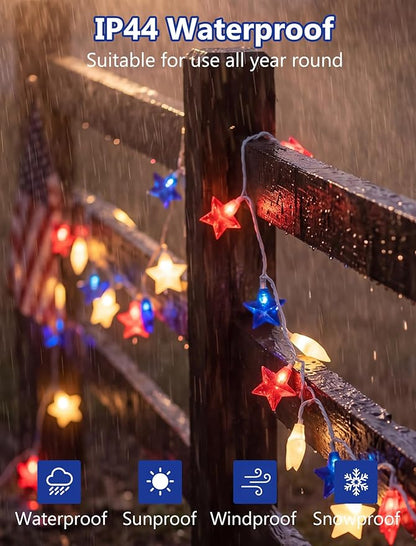 8.5Ft Red White and Blue Lights, 4th of July String Lights Plug in with 10 Five Star LED Bulbs, Fourth of July Decorations for Independence Day Patriotic Party, White Wire
