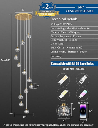 Weesalife Crystal Chandeliers for Staircases, 12-Light Gold Modern Chandeliers for High Ceilings，Crystal Pendant Light Fixture for Living Room Kitchen Island Foyer Hallway Bar