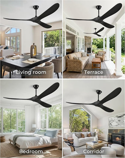72" Outdoor Ceiling Fans for Patios, Matte Black Ceiling Fans Without Lights, 3 Blades Wood Ceiling Fan with No Light by Remote Control for Indoor Outdoor Patio Porch Living Room