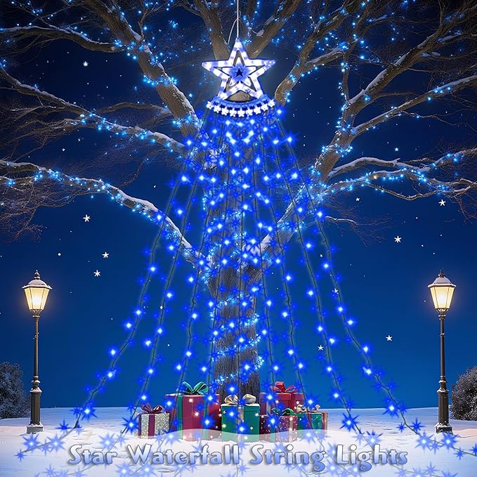 Star String Lights, 350 LED Tree Waterfall Fairy Lights, Outdoor Waterproof Christmas Decoration Lights with Remote, 16FT X 9 Hanging LED Lamp for Garden Yard Wedding Birthday Festival, Ocean Blue
