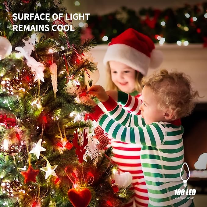 WATERGLIDE C6 Christmas Lights, 33ft 100 LED Faceted String Lights Green Wire Valentines Fairy Lights with 29V Adaptor, 8 Lighting Mode, Waterproof for Indoor Outdoor Patio Xmas Tree Party Decor, Red