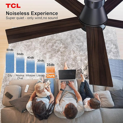 TCL 52" Ceiling Fan with Lights, Black Flush Mount Ceiling Fans with Remote Control, 6 Speeds DC Reversible, Dimmable, Noiseless, Low Profile Ceiling Fans for Bedroom