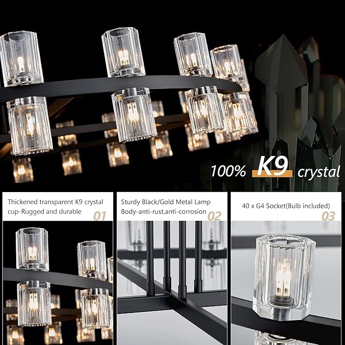 48" Black Wagon Wheel Crystal Chandelier, Modern Round Chandelier for Dining Room Table, K9 Crystal Ceiling Chandelier for Living Room Entryway Foyer, Includes 40× G4 Bulbs