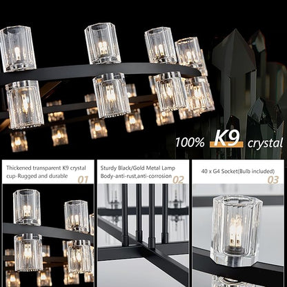 48" Black Wagon Wheel Crystal Chandelier, Modern Round Chandelier for Dining Room Table, K9 Crystal Ceiling Chandelier for Living Room Entryway Foyer, Includes 40× G4 Bulbs