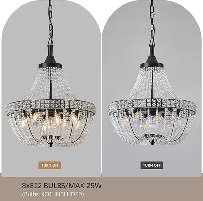 Modern Empire Crystal Chandelier Fan with 119 Square Crystal Accents, 64 Bead Strands, 7-Blade Invisible Fan, Ceiling Fan for Living Room, Bedroom, Dining Hall (Black, 20'' Modern Style)