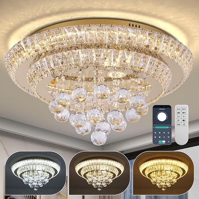 COCOSTAR 20" Gold Crystal Chandeliers, Flush Mount Chandelier LED Ceiling Light, Modern Crystal Raindrop Chandeliers for Dining Room, Living Room, Bedroom