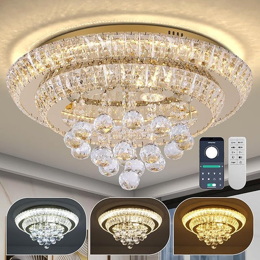 COCOSTAR 20" Gold Crystal Chandeliers, Flush Mount Chandelier LED Ceiling Light, Modern Crystal Raindrop Chandeliers for Dining Room, Living Room, Bedroom