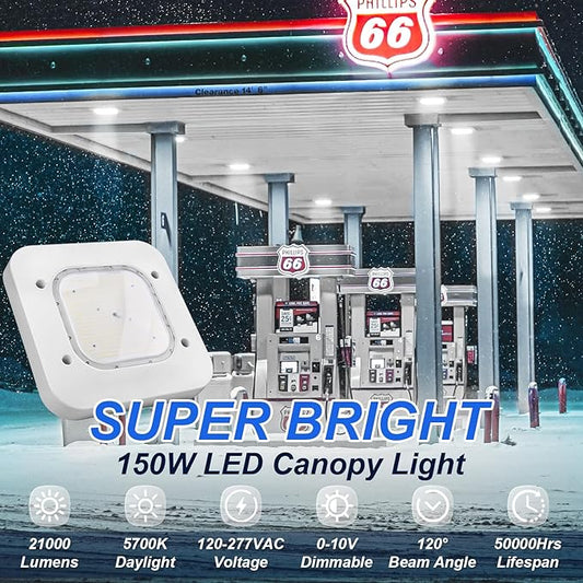 2 Pack 150W LED Canopy Light, 21000LM LED Gas Station Canopy Light 5700K Cool White LED Garage Ceiling Light(600W HID/HPS Equivalent), IP65 Waterproof 100-277V AC UL Listed