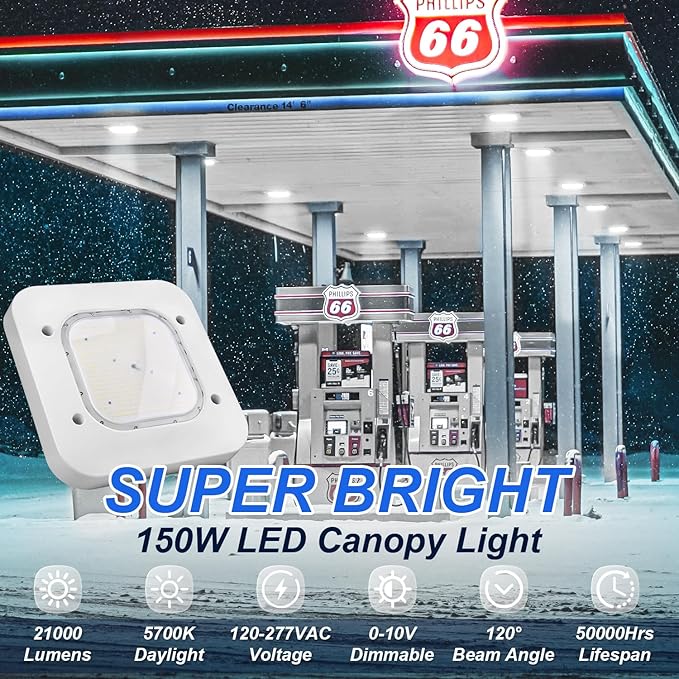 150W LED Canopy Light, 21000LM LED Gas Station Canopy Light 5700K Cool White LED Garage Ceiling Light(600W HID/HPS Equivalent), IP65 Waterproof 100-277V AC UL Listed