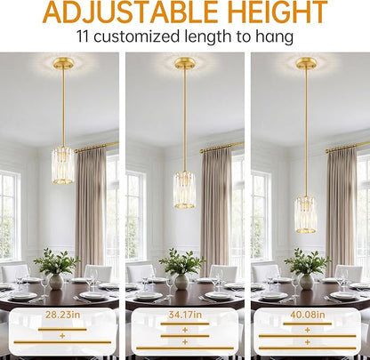 Gold Pendant Light, Modern Crystal Pendant Lights Kitchen Island, Kitchen Island Lighting with Adjustable Height, UL Certified Island Lights for Kitchen Dining Room Bedroom Hallway 1 Pack