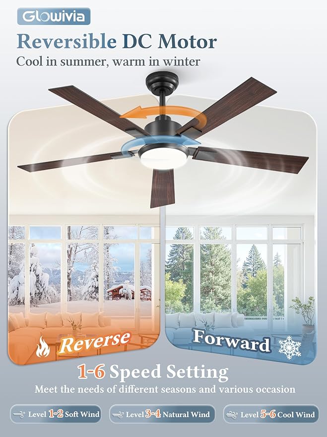 52 Inch Ceiling Fans with Lights and Remote&APP Control, Black Smart Ceiling Fan with 3000-6000K Dimmable, 6 Speeds Quiet Reversible Motor, Indoor/Outdoor Ceiling Fan for Bedroom Living Room