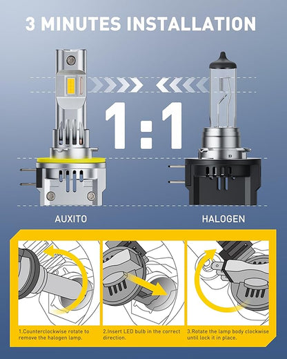 AUXITO Upgraded H11B Bulb, 16000LM 3000K Amber Yellow Light, 1:1 Mini Size No Adapter Needed, 3 Min Quick Install, No Flicker, 99% Compatibility, Pack of 2