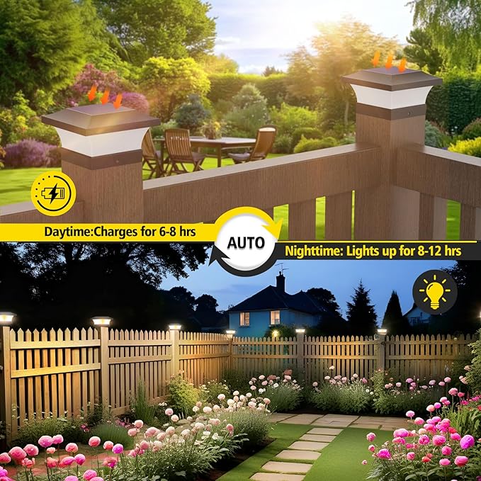 T-SUN 6 Pack 3000K Warm White Solar Post Cap Lights, 4x4 Outdoor Waterproof Solar Post Lights for Wood & Vinyl Fence Posts, Deck, Patio Railing, Black, Bracket Included