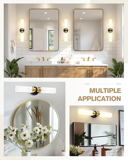 Emak Modern 22 Inch Bathroom Light Fixtures Over Mirror, Black Gold Vanity Lights with Milk Glass Shade, 2-Light Wall Sconce for Bathroom, Bedroom, Hallway, VL085-BKBGD-ML-2