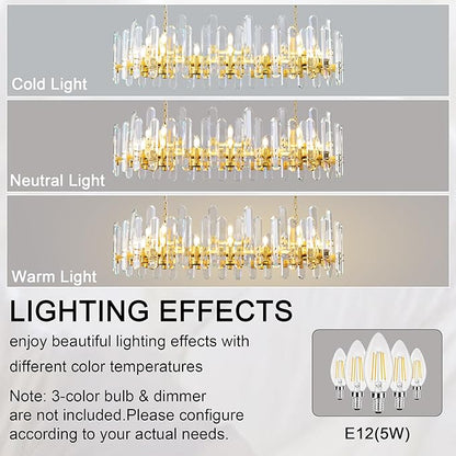 54" Rectangular Chandelier, 24-Light Gold Modern Crystal Chandelier for Dining Room, Kitchen Island, Living Room, Luxury K9 Crystal Adjustable Chain Chandelier Light Fixture