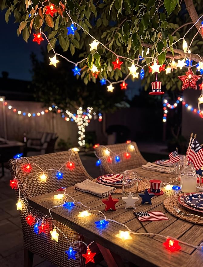 8.5Ft Red White and Blue Lights, 4th of July String Lights Plug in with 10 Five Star LED Bulbs, Fourth of July Decorations for Independence Day Patriotic Party, White Wire