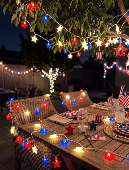 8.5Ft Red White and Blue Lights, 4th of July String Lights Plug in with 10 Five Star LED Bulbs, Fourth of July Decorations for Independence Day Patriotic Party, White Wire