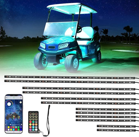 KEMIMOTO 12PCS Million Colors Golf Cart Underglow LED Strip Light Kit 12V Compatible with Club Car, EZGO, Drive, ICON, and Kandi, Waterproof IP68 Accent Neon Lighting Kit with 24 Modes, Multicolor RGB
