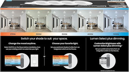 Feit Electric 4 Inch LED Recessed Downlight with Lumen Select, 75W Equivalent, Dimmable, 775 Lumens, 5CCT Selectable White 2700K–5000K, 90+ CRI, 50,000-Hour Lifetime, LEDR4HO/6WYCA/4, 4 Pack