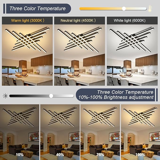 47" Black Modern LED Ceiling Light with Remote 3000K/4500K/6000K Close to Ceiling Lights Creative Design Ceiling Lamp for Bedroom Living Room Kitchen Hallway Dining Room(128W, 8 Lights)