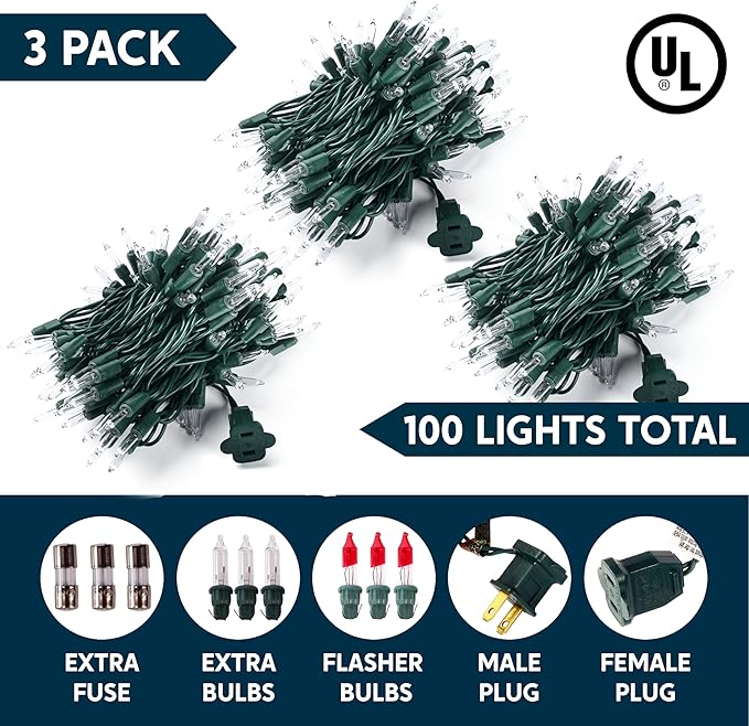 Joiedomi Clear Christmas String Lights Indoor,300(3x100) Mini White Fairy Light,64.2 FT Lighting Decor for Patio Dorm Classroom Bedroom Holiday Wedding Party Garland Birthday Festival,Green Wire