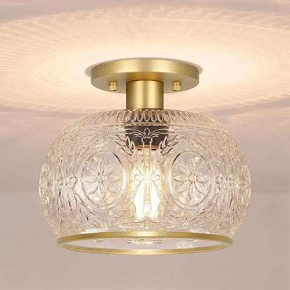 Gold Semi-Flush Mount Ceiling Light with Globe Glass – Vintage Ceiling Lighting for Hallway, Kitchen, Entryway, Bathroom & Closet