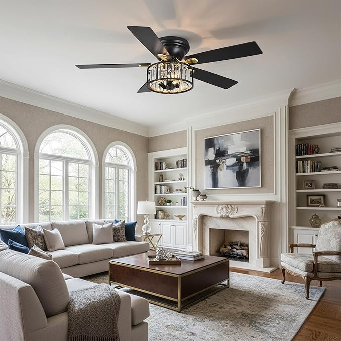 52" Crystal Farmhouse Ceiling Fan with Lights and Remote,Flush Mount Ceiling Fan,Chandelier with 5 Reversible Blades,3 E12 Base Lights,Quiet Motor for Living Room,Dining Room,Bedroom