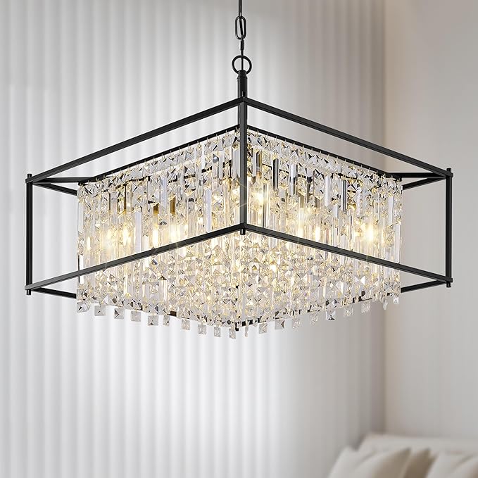 24" Modern Chandeliers for Dining Room,Black Crystal Chandelier, Adjustable Chain Length,5-Light Pendant Light Fixture for Kitchen Island Living Room Entryway Foyer Flat and Inclined Ceiling